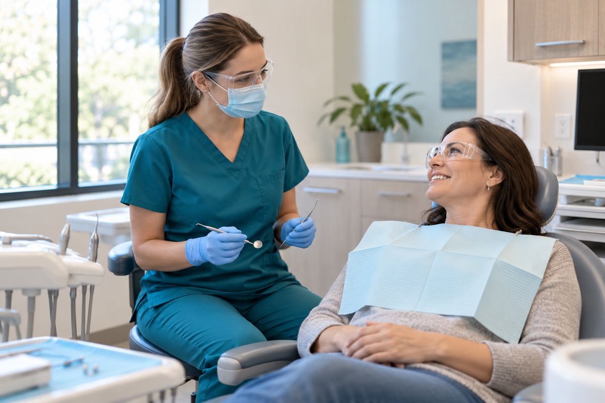 A dental hygienist explaining a cleaning to a relaxed patient.