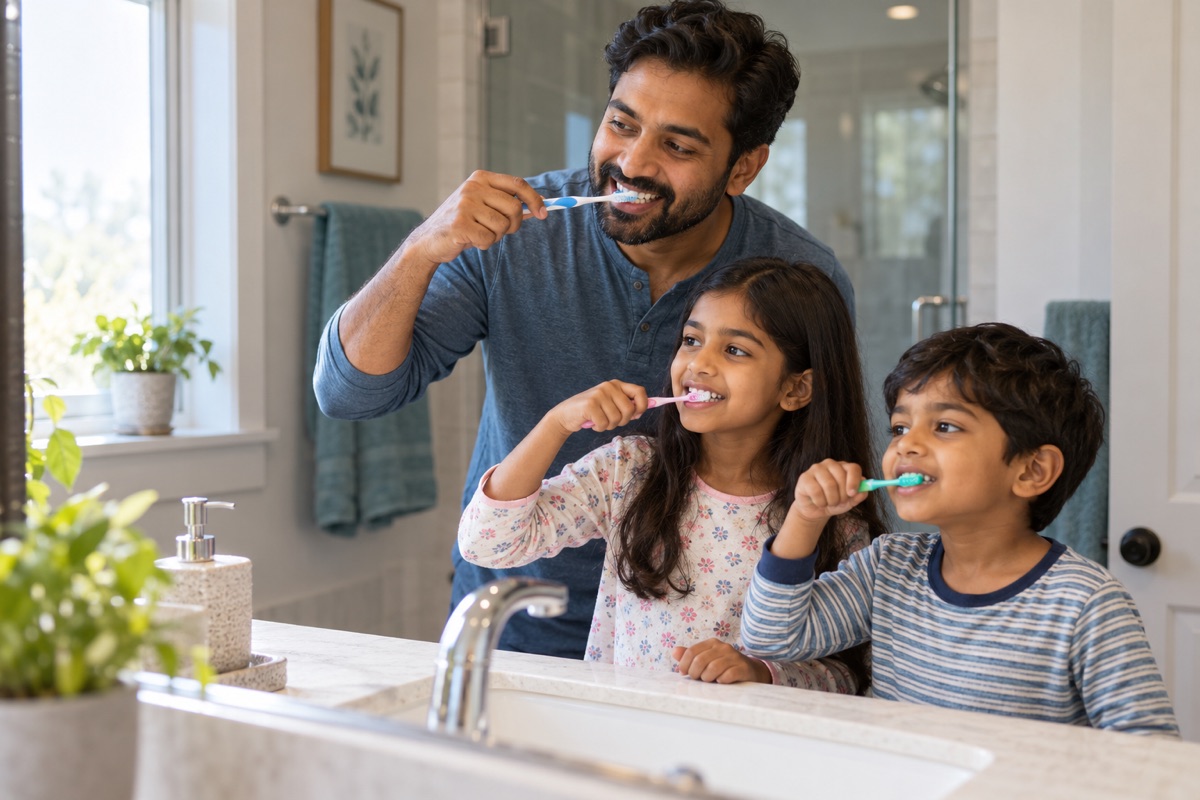A father and two children brushing their teeth together at home.
