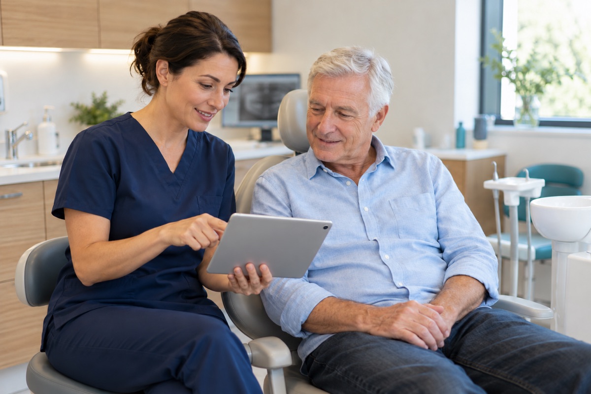 A female dentist reviewing a routine checkup with an older patient.